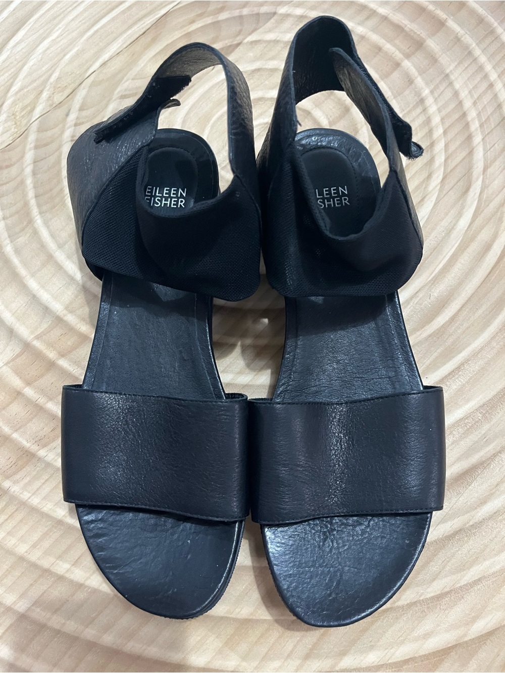 Eileen Fisher Black Leather Wide-Strap Slingback Sandals